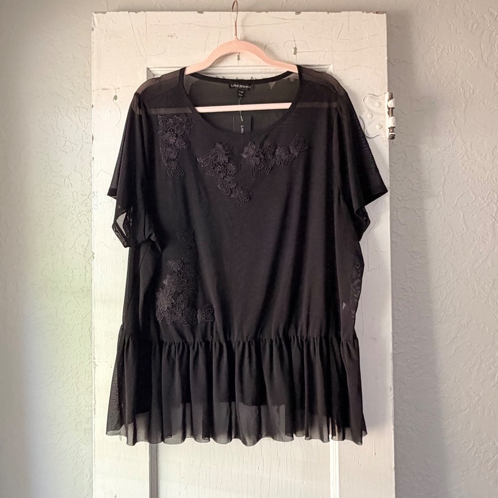 Lane Bryant Black Sheer Mesh Floral Lace Peplum Top 22/24 NWT